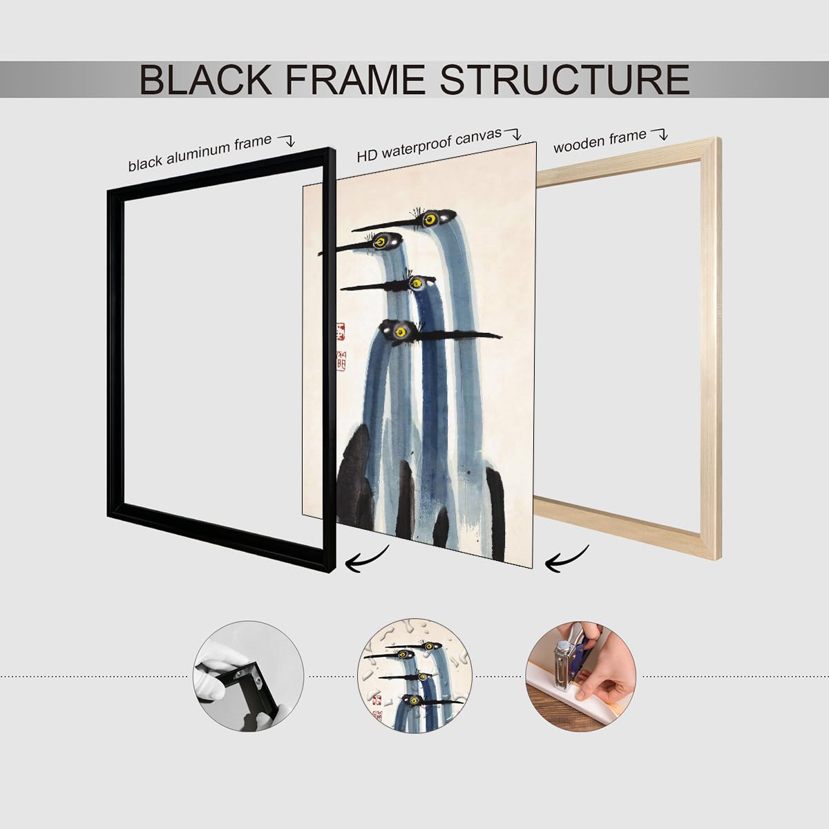 Vintage Japanese Crane Black Framed Poster Antique Asian Bird Canvas Wall Art 24x36 inch Blue Minimalist Animal Watercolor Prints for Country Farmhouse Wall Decor for Living Room Study Office Ready to hang (Black Framed / Japanese Decor / 36"L x 24"W)