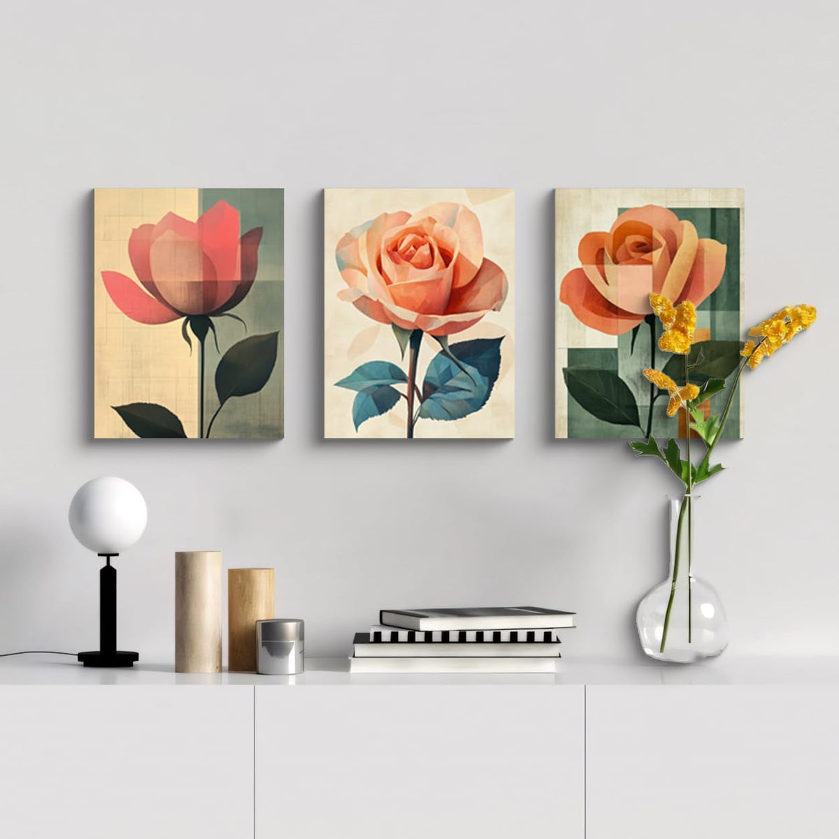 3Pcs Abstract Rose Wall Art Canvas Print Minimalist Floral Painting Modern Geometric Flower Botanical Artwork Mid Century Style Home Decor Green Teal Beige Decor for Living Room Bedroom (12 x 16 inches (3-Piece Set) / Geometric Rose-1)