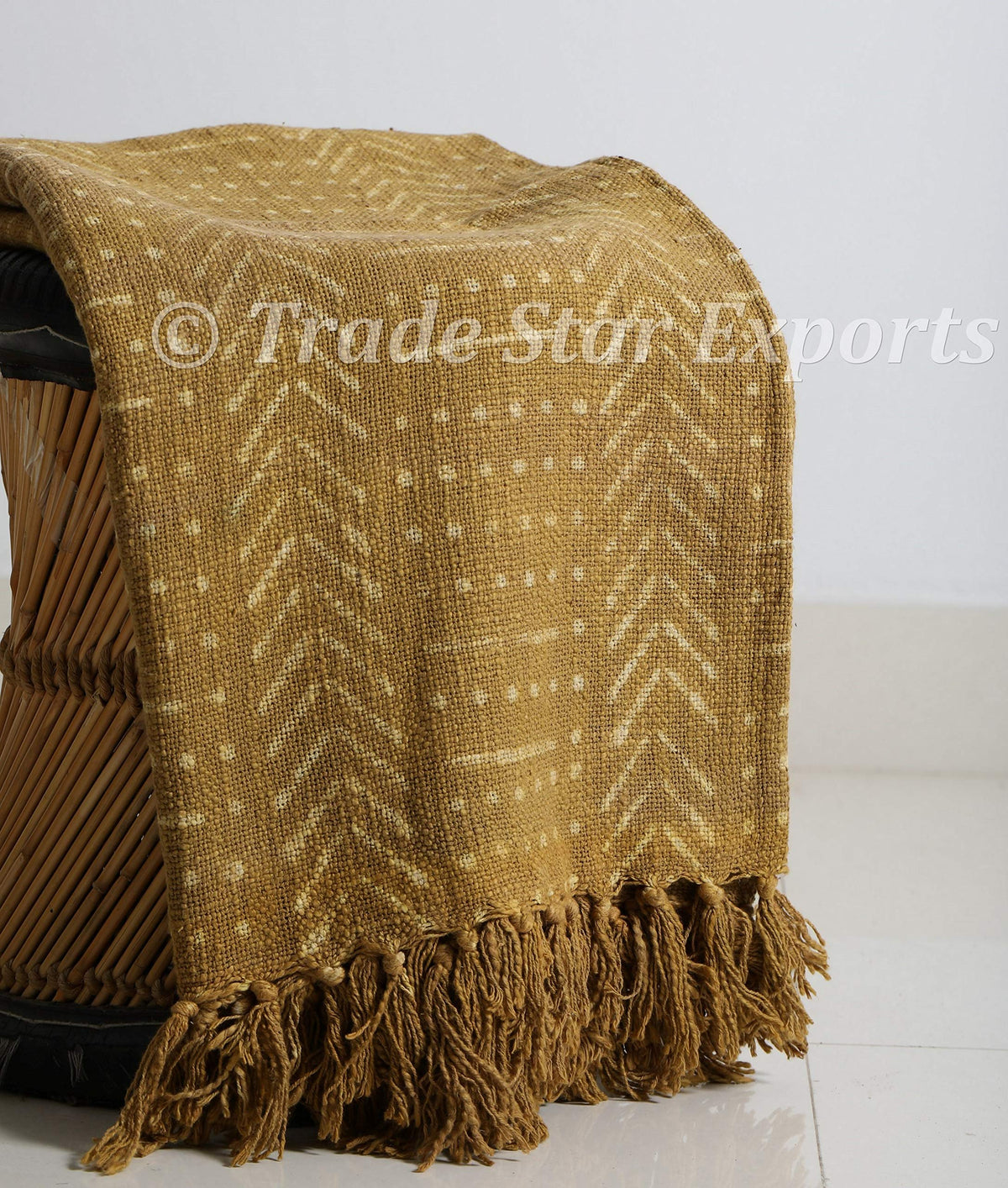 Authentic African Mudcloth Inspired Throws Hand Dyed Fringed Sofa Blanket Hand Block Printed Bed Blanket Indian Couch Throw Blanket Decor (Olive Green / Snow (120 x 170 Cms))
