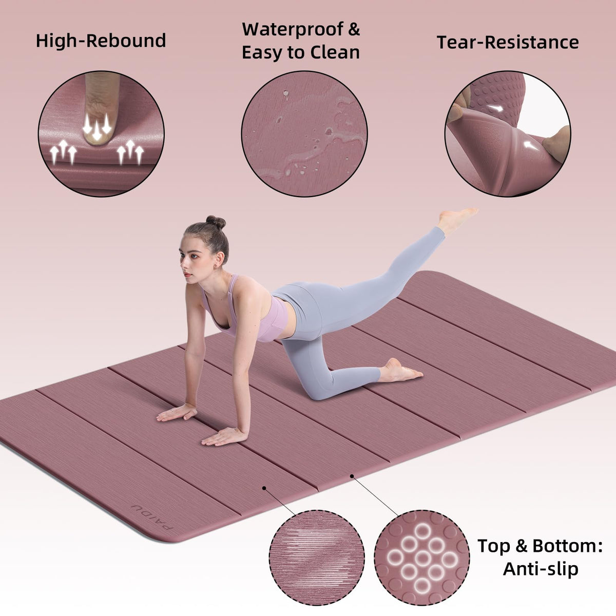 Foldable Yoga Mat 10MM Thick 75‘’x40‘“ Quick Fold Easy Storage (Deep Pink)