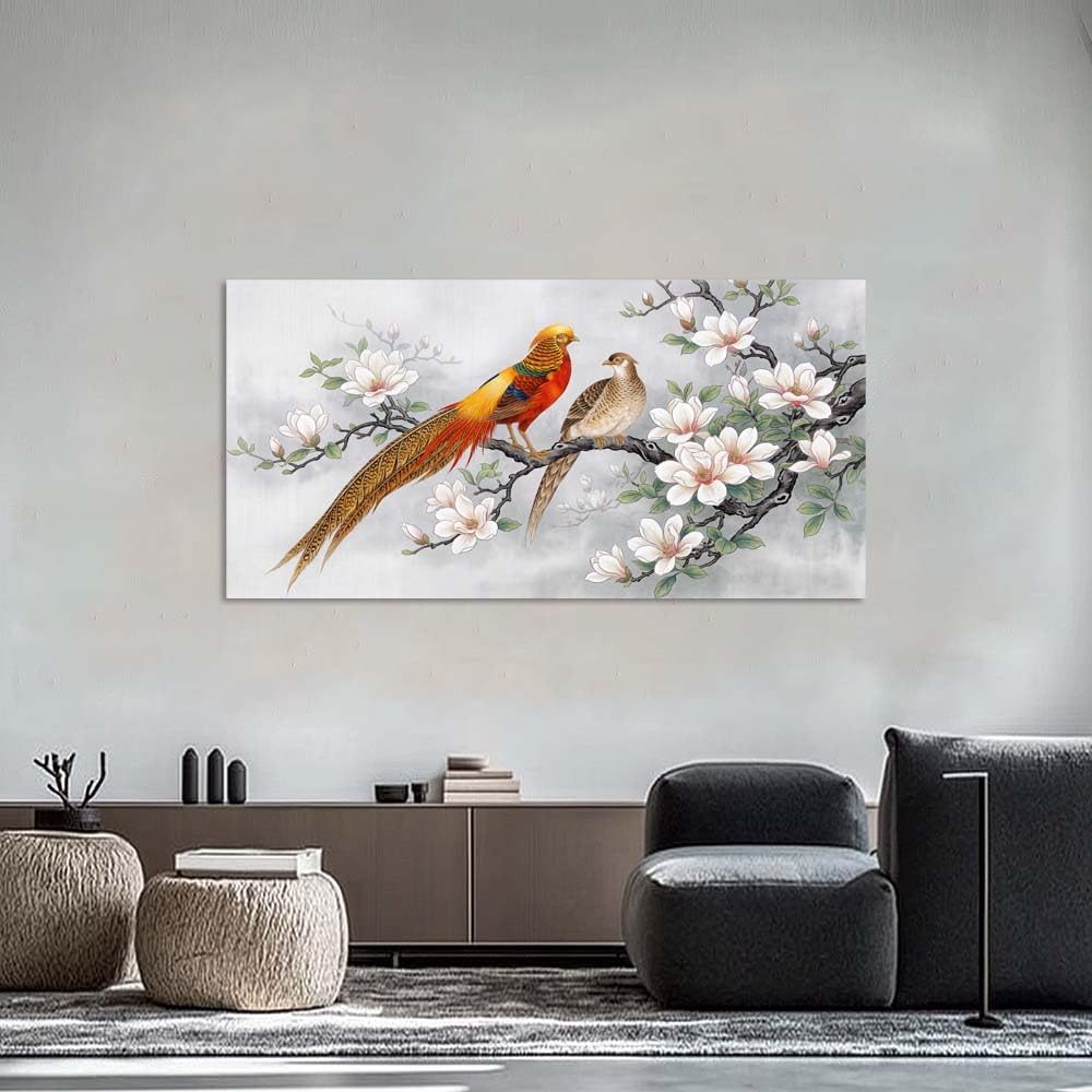 Oriental Golden Pheasant Canvas Wall Art White Magnolia Chinoiserie Painting Flat Print Gallery Wrapped Asian Bird Artwork for Living Room Bedroom Bathroom Decor (Wildlife / White Golden Pheasant Couple 26 / 58"L x 28"W)