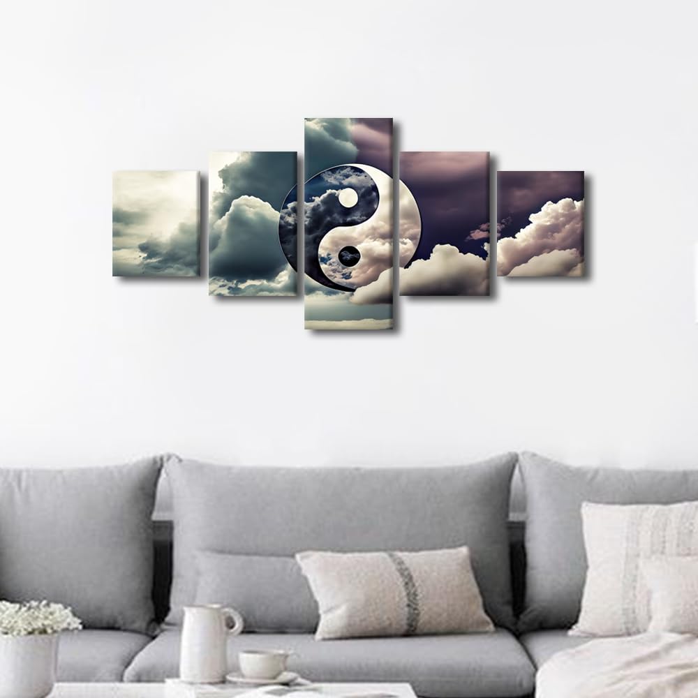 Canvas Wall Art Ethereal Yin Yang In Clouds Five Panel Framed Painting Modern Home Decor Asian Philosophy Wall Art Serene Bedroom Decor Ready to Hang 50" Wx24 H (50''Wx24''H / Artwork-11)