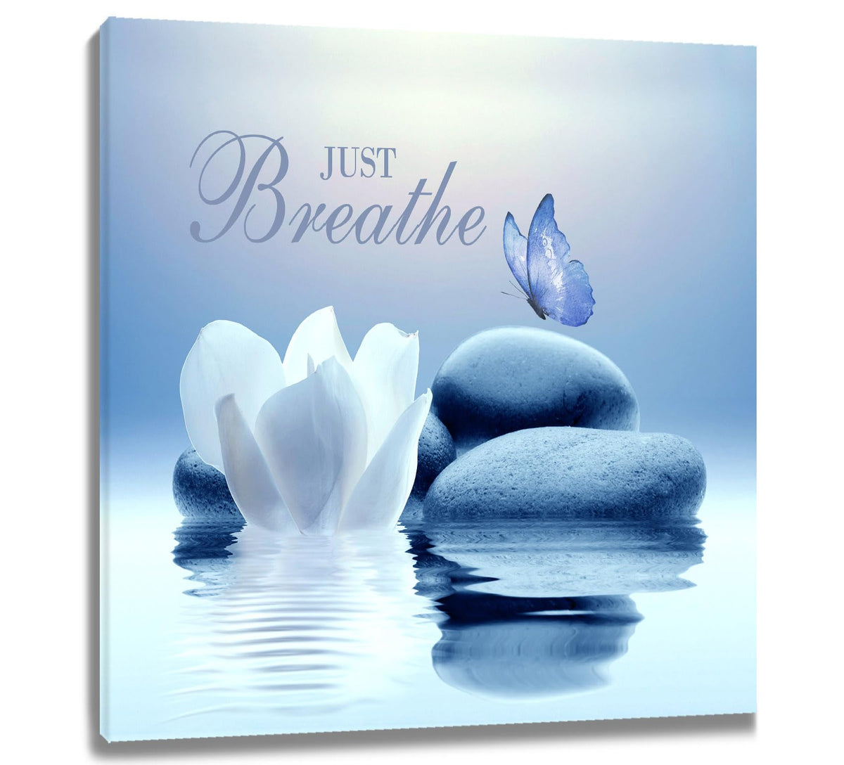 Zen Framed Wall Art 12x12 Inches Blue Butterfly and Water Lily Flower Stone Relaxing Just Breathe Canvas Prints Wall Art Bathroom Yoga Spa Calming Artwork for Bedroom Office Wall Decor (12"L x 12"W / Blue)