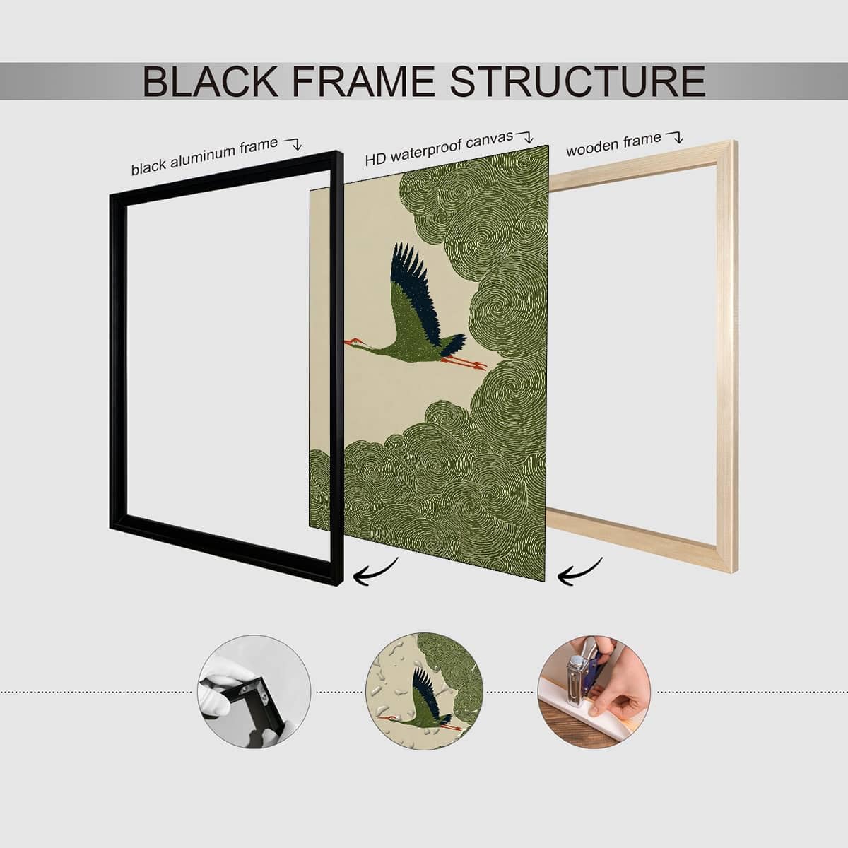 Black Framed Vintage Japanese Flying Wall Art 16x24in Nature Bird Pictures Aesthetics Posters Animal Prints Nordic Nature Zen Calm for Asian Syle Living Room Bedroom Office Decor Ready to hang (Black Framed / Japanese Pictures / 24"L x 16"W)