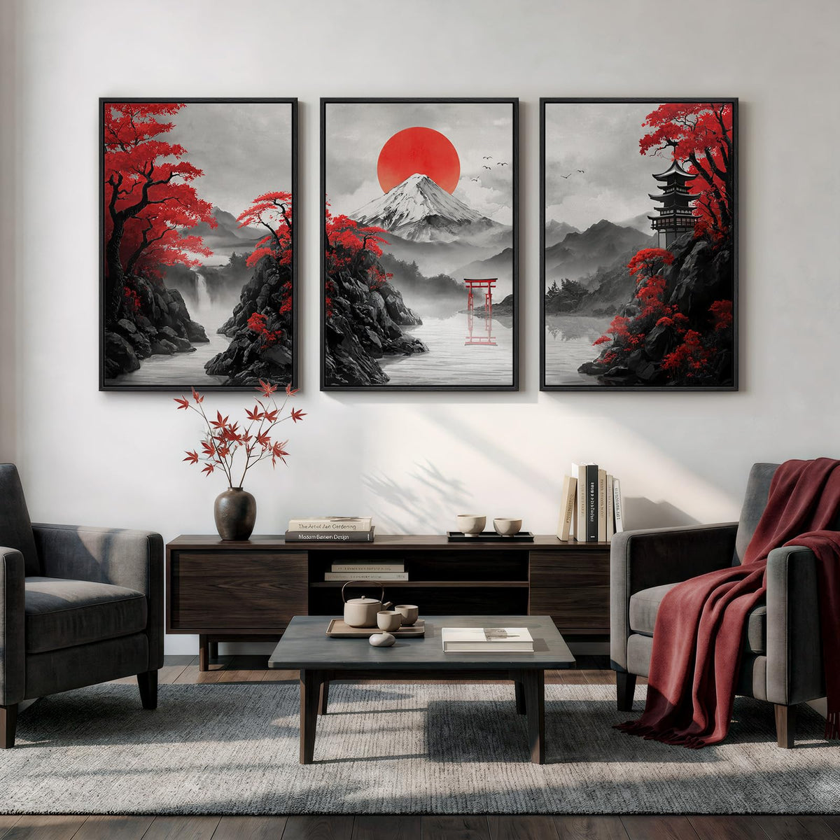 Large Framed Red Japanese Landscape Wall Art for Living Room (Red White / 24"L x 36"W)