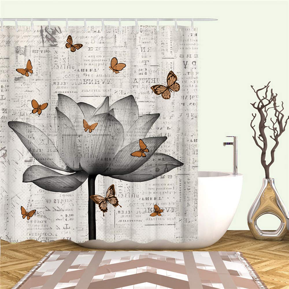 Lotus Shower Curtain Set Cloth Grey Flower and Butterfly Bath Curtain Zen Floral Bathroom Decor with Hooks 72"×72" Retro Newspaper Background (72"W x 72"L (Pack of 1))