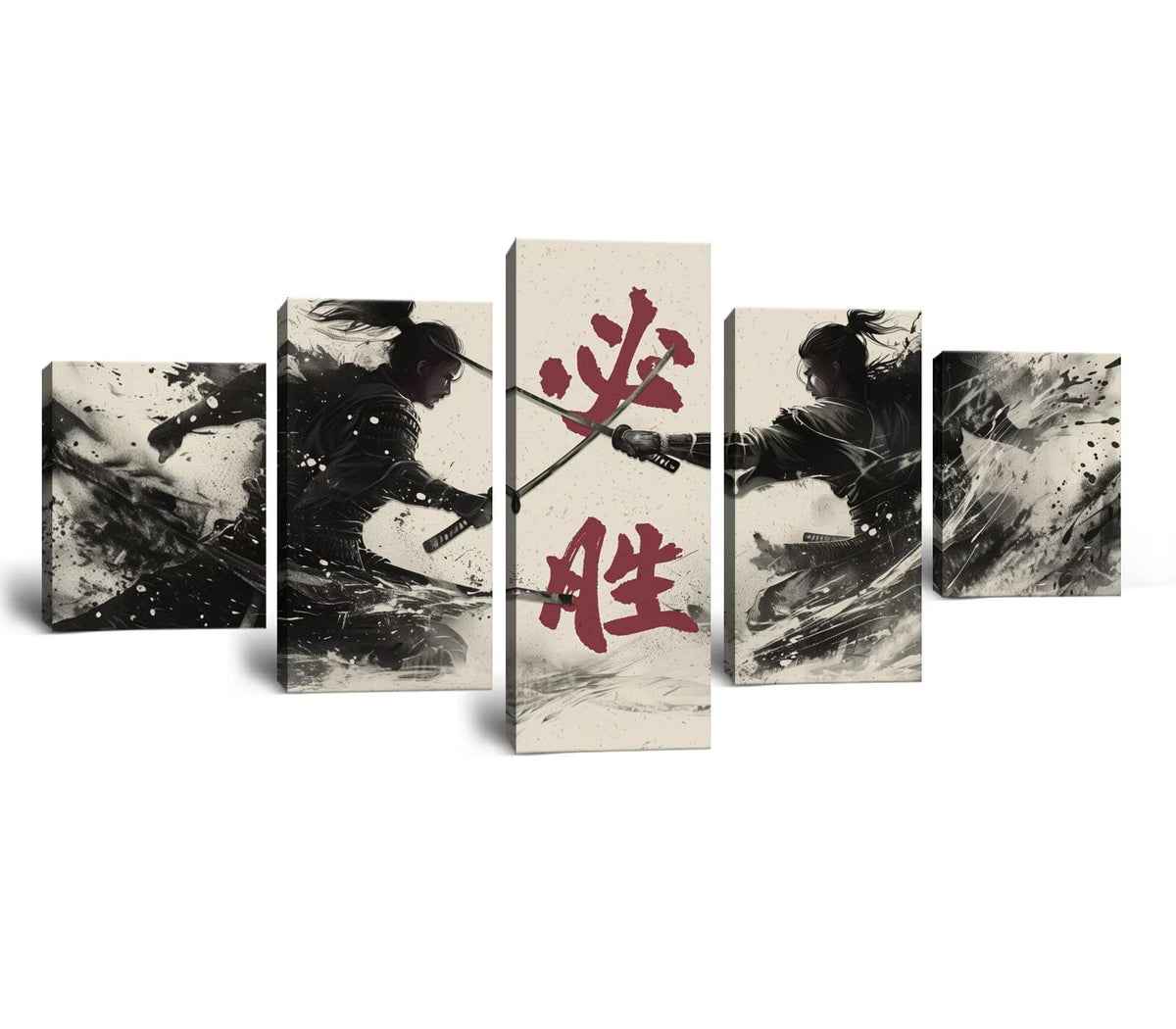 Samurai Canvas Wall Art 5 Piece Japanese Samurai Poster Prints Black and White Japanese Art Wall Decor Modern Home for Office Living Room Decorations Bushido Artwork Framed (60"Wx40"H / White and black red)