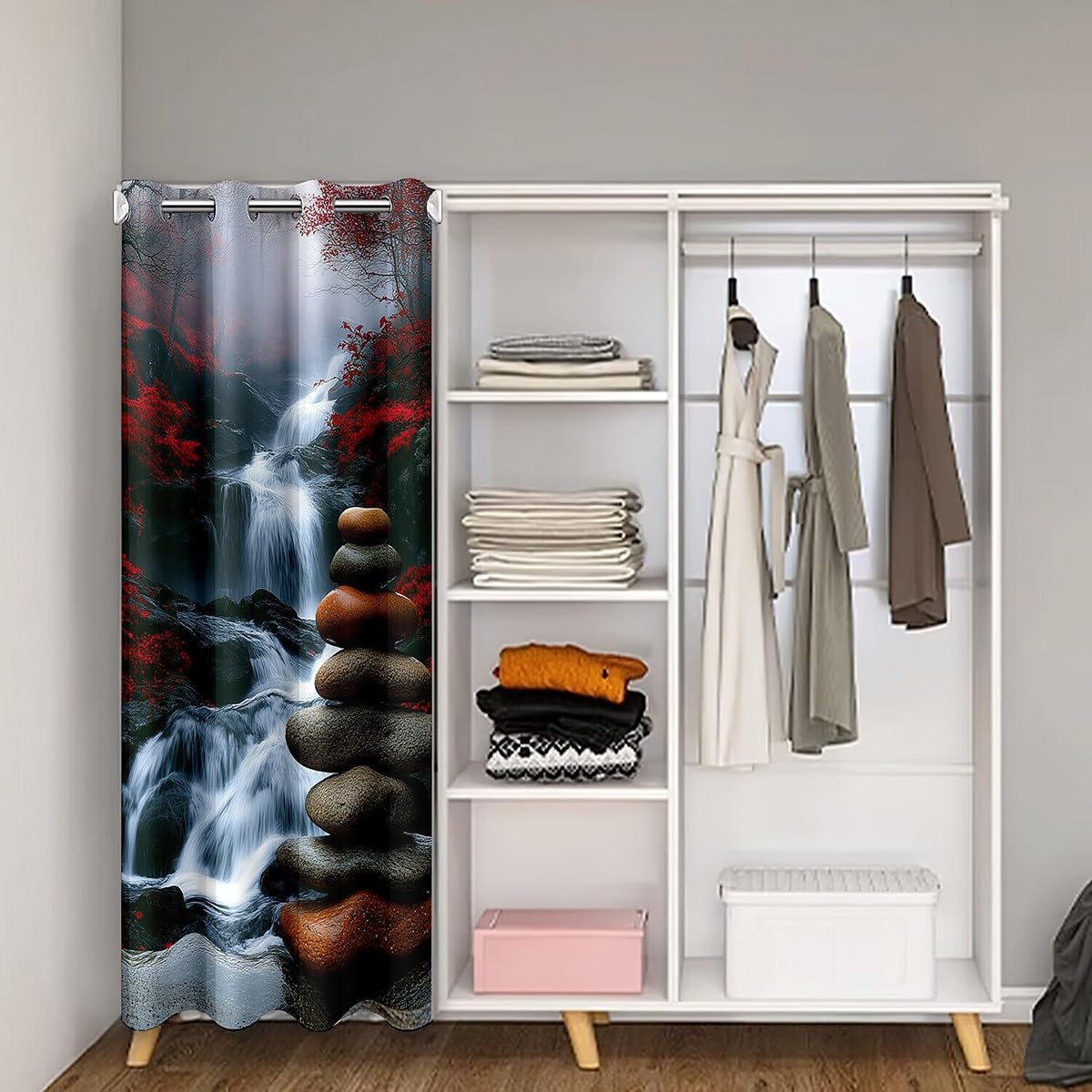 Zen Door Curtain for Doorway Privacy 52x84 Inch 1 Panel Kids Chinese Style Waterfall Closet Cover Teens Nature Scenery Room Divider Curtain Breathable Soft Lightweight Black Red Room Decor (Red Carbon Black / 52"W x 84"L (Pack of 1))