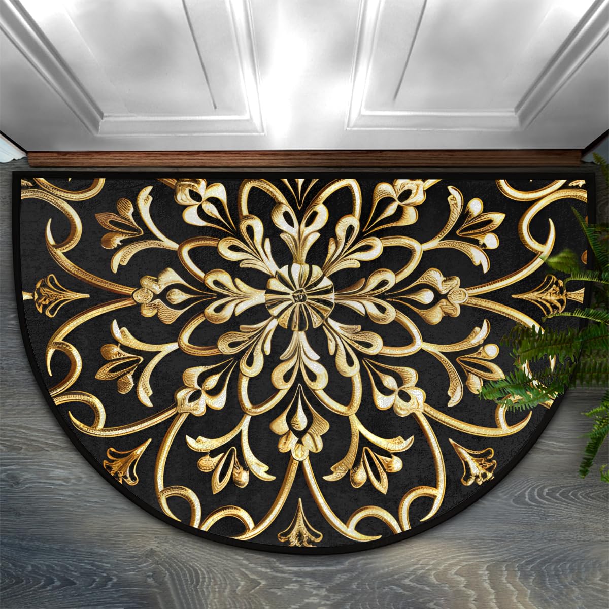 Golden Mandala Half Round Door Mat Semi Moon Rug Fireplace Carpet Area Rugs (A:a-1)