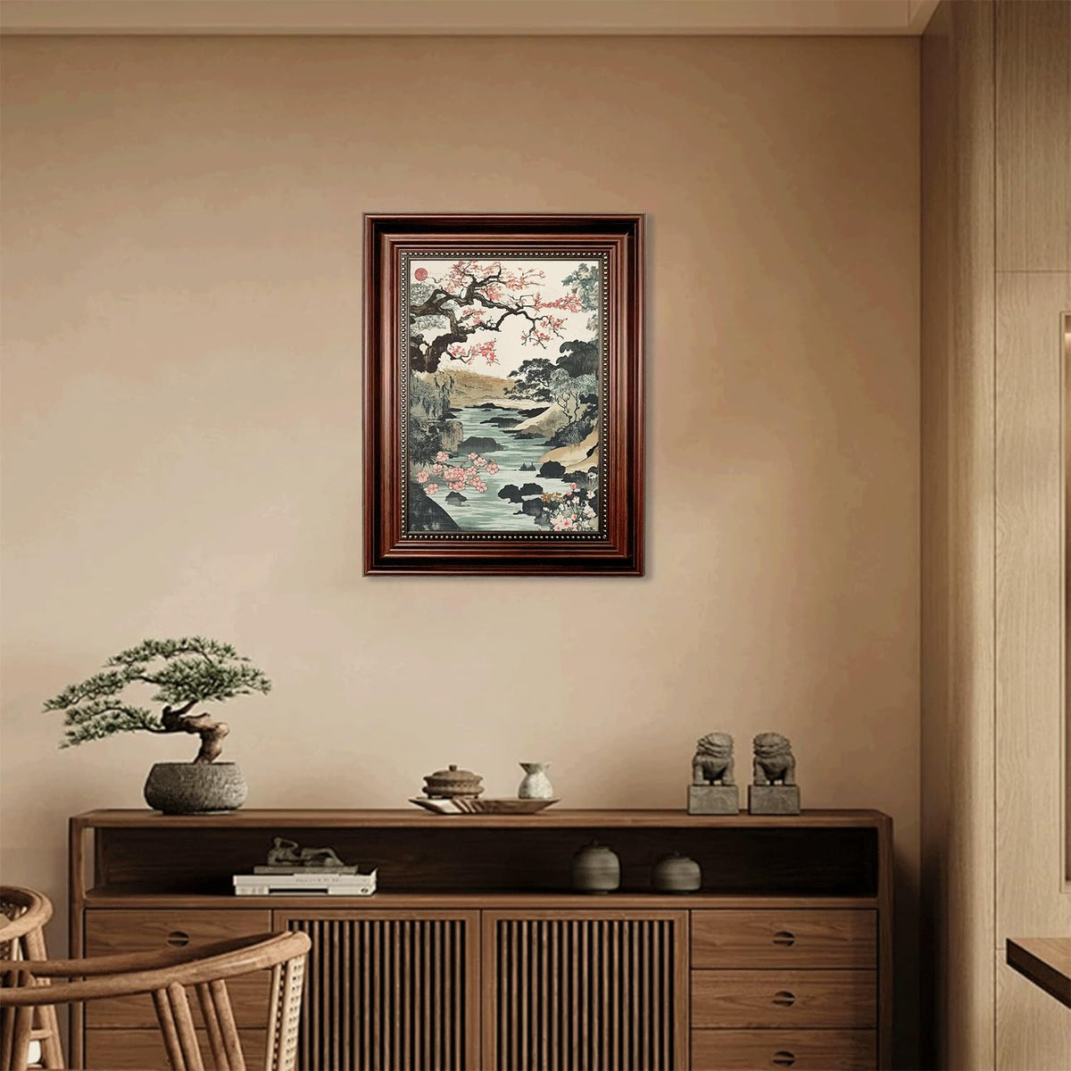 Dark Brown Framed Japanese Cherry Landscape ink painting 16x24 in (Cherry Blossom Landscape / 24"L x 16"W)