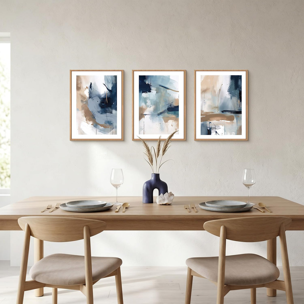 Abstract Navy Blue Framed Canvas Wall Art (Modern Blue and Brown Wall Art / 12''x16''x3)