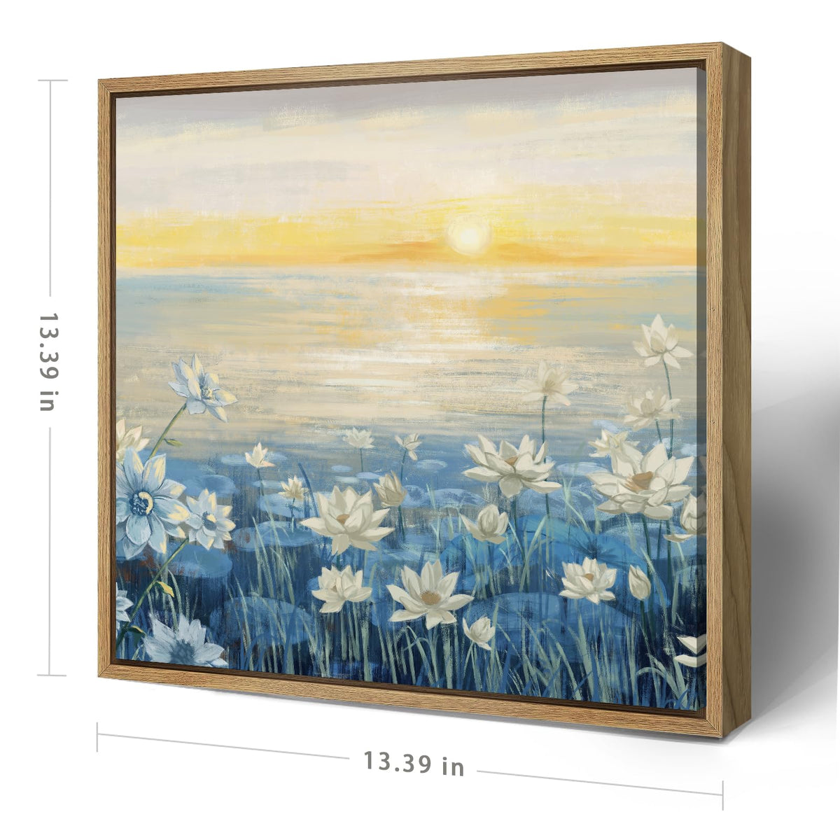 Bathroom Decor Wall Art Framed Canvas Wall Art Modern Beach Coastal Floral Sunset Boho Ocean Artwork Blue Yellow Lotus Flower Zen Wall Picture for Bedroom Kitchen Office Small (Sunrise Wall Art / 13.5"L x 13.5"W)