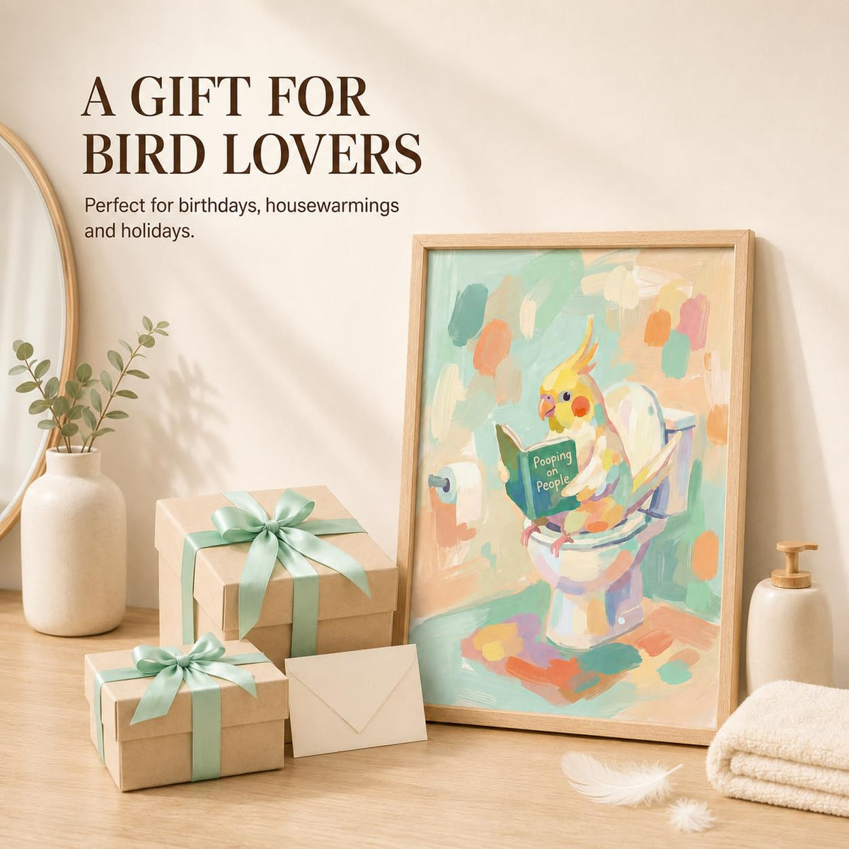 Framed Funny Parrot Bathroom Wall Art Cute Cockatiel Whimsical Canvas Print (Cockatiel / 24"L x 16"W)