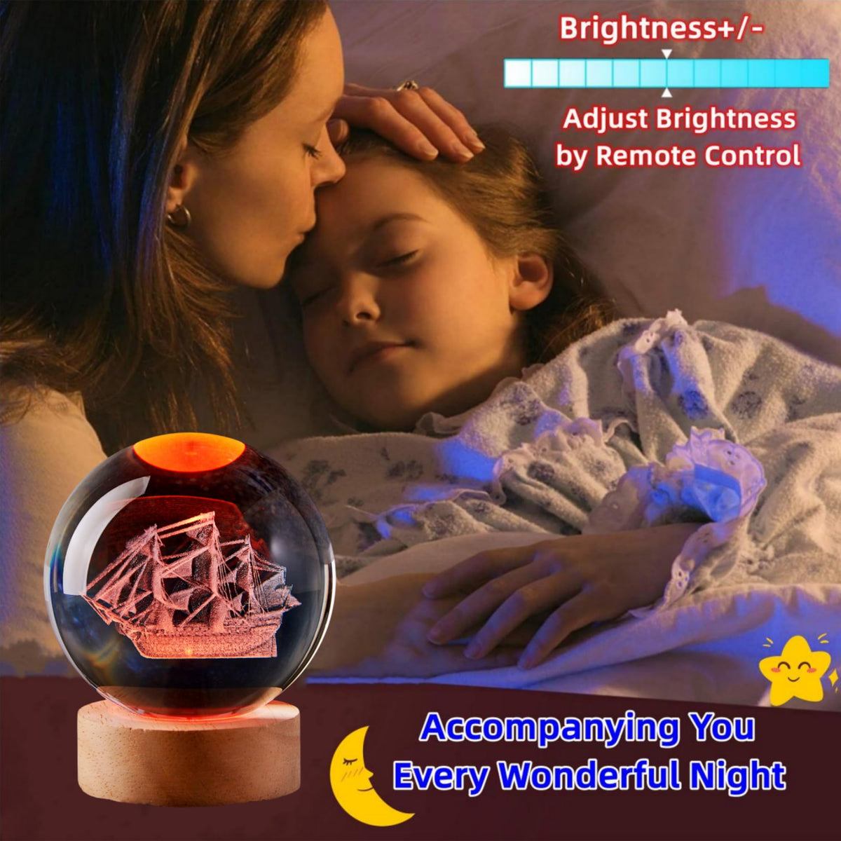 Large Sailboat Crystal Ball Night Light with Woodern Base (sailboat)