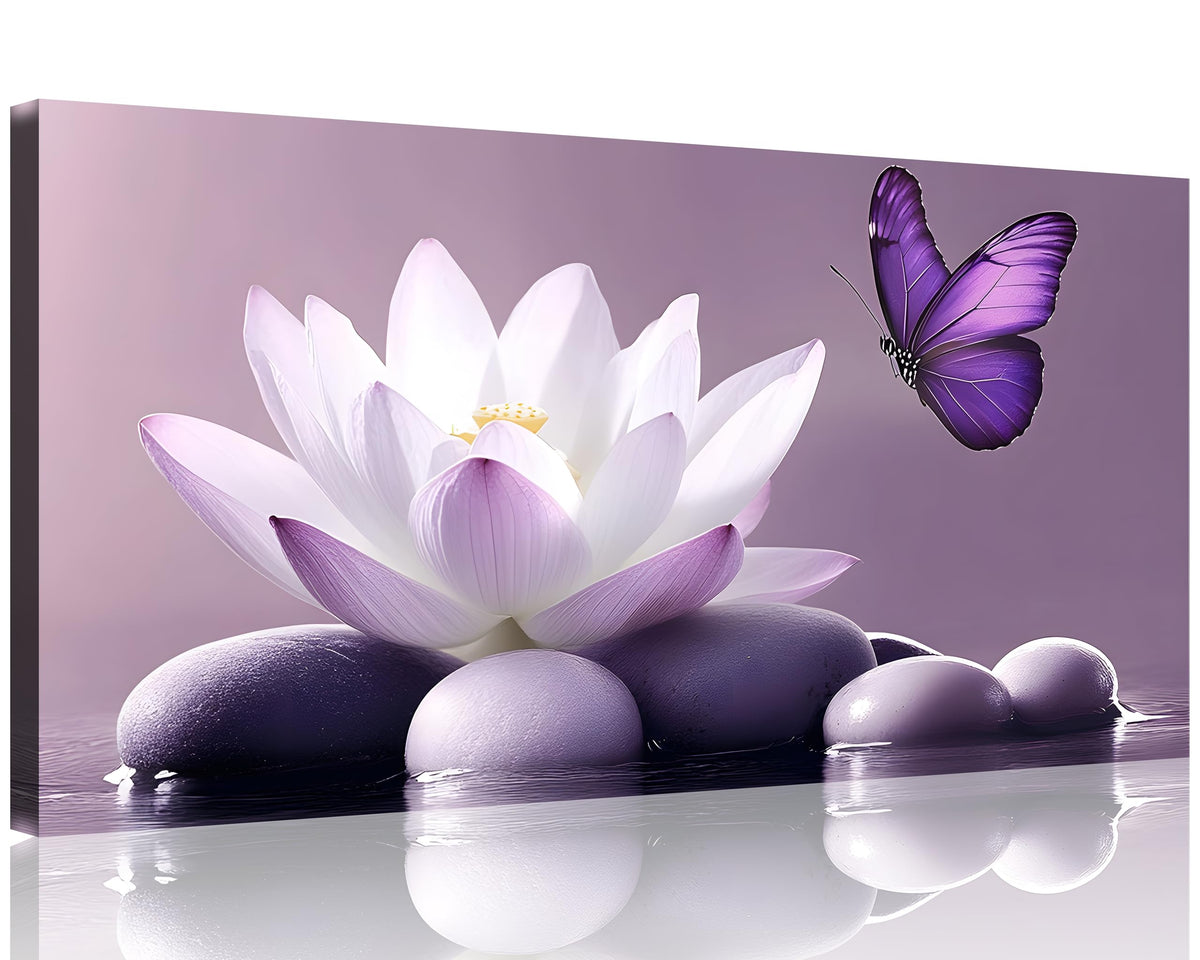1 Panel Purple Wall Art Purple Pictures Wall Decor Zen Stone Water Lily and Butterfly on the Lake Pictures Poster Spiritual Yoga Spa Painting for Living Room Bedroom (24"L x 12"W / Purple Zen)