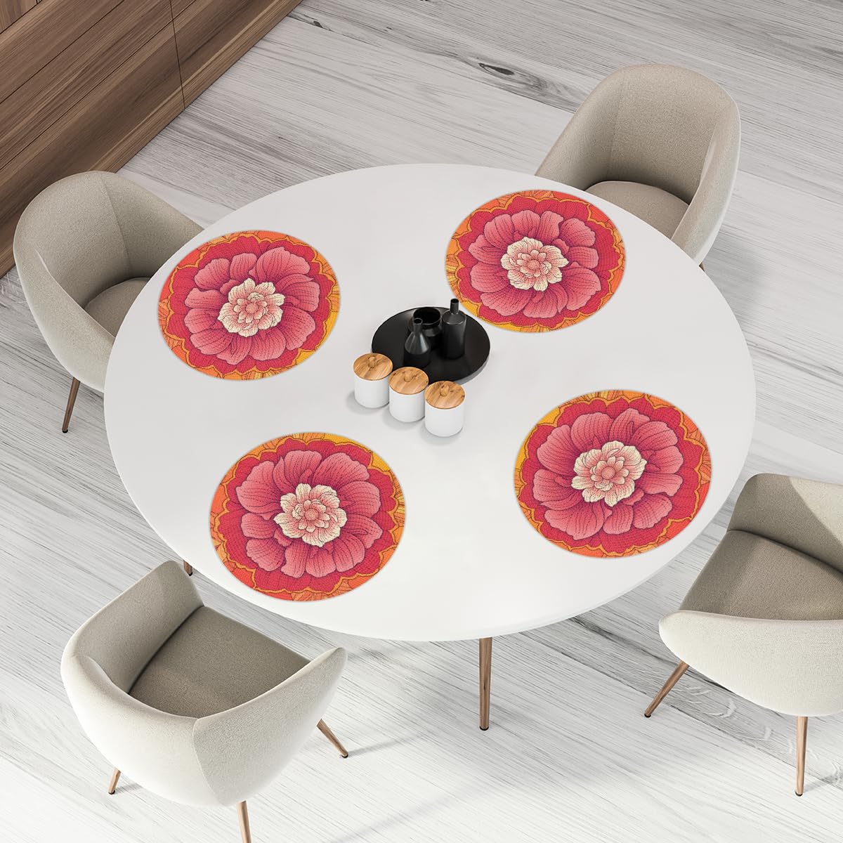 Flower Woven Placemats Round Placemats Set of 4 Festival Party (A 018 / 4 pieces)