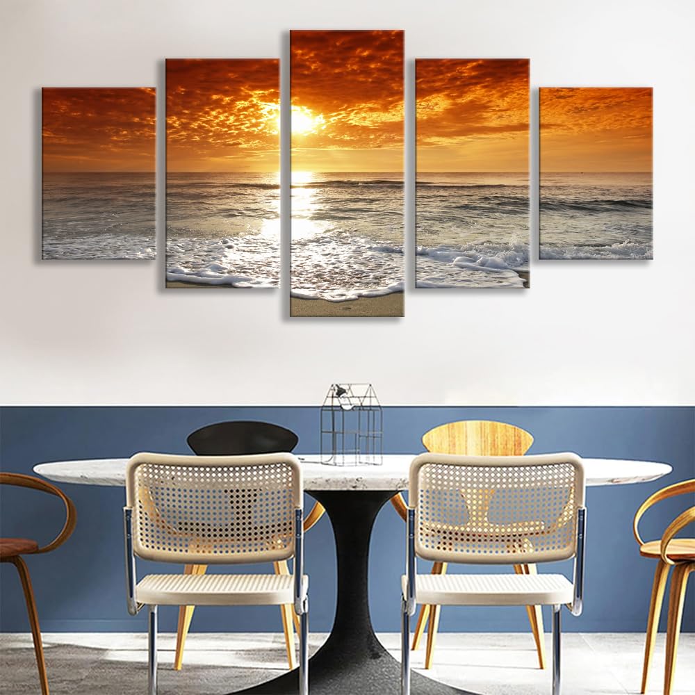 Grand Sight Extra Large 5 Panels Modern Landscape Artwork Seascape Giclee Canvas Prints Sea Beach Pictures to Photo Paintings on Canvas Wall Art for Home Decorations Wall Decor (16x24inchx2,16x32inchx2,16x40x1 / Artwork7)