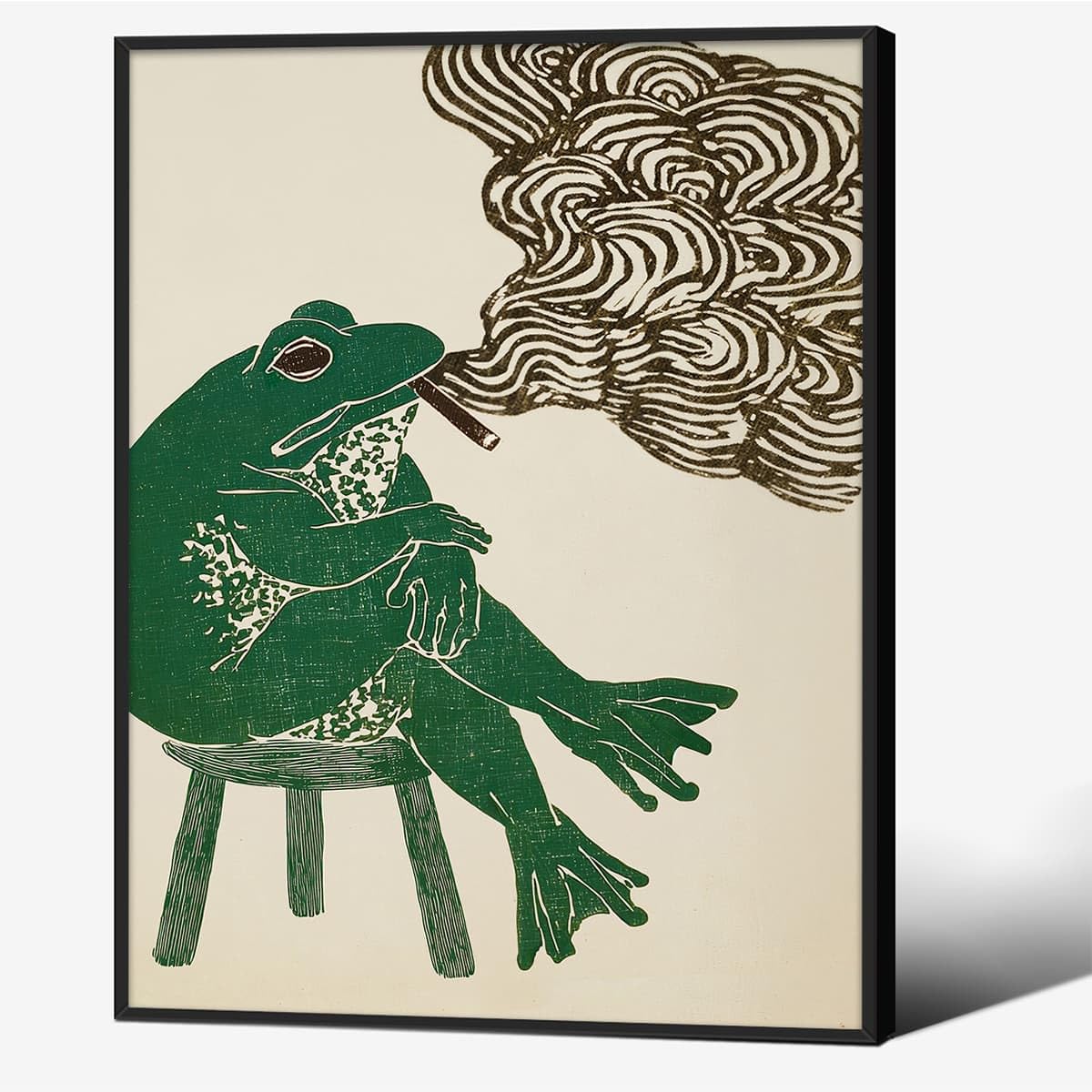 Black Framed Japanese Wall Art Funny Frog Smoking a Cigarette Poster Retro Oriental Asia Animals Print Ukiyo (Black Framed / Japanese Art 005 / 16"L x 12"W)