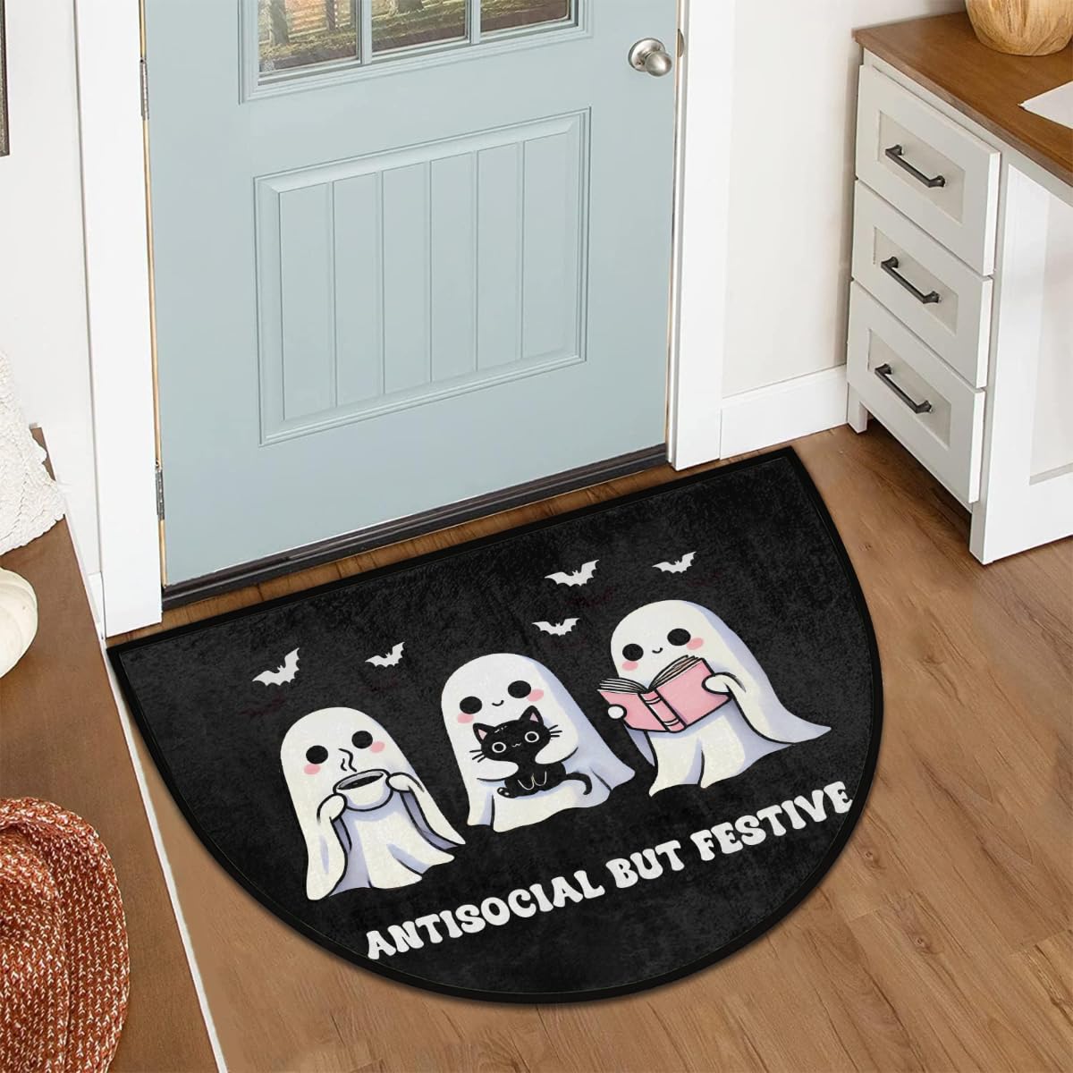 Halloween Half Round Doormat Halloween Cute Ghosts Semi Circle Rug Non Slip Outdoor Entrance Half Moon Rug Washable Front Floor Mat for Indoor Kitchen Bathroom Patio Fireplace Holiday Decor (Z:halloween)
