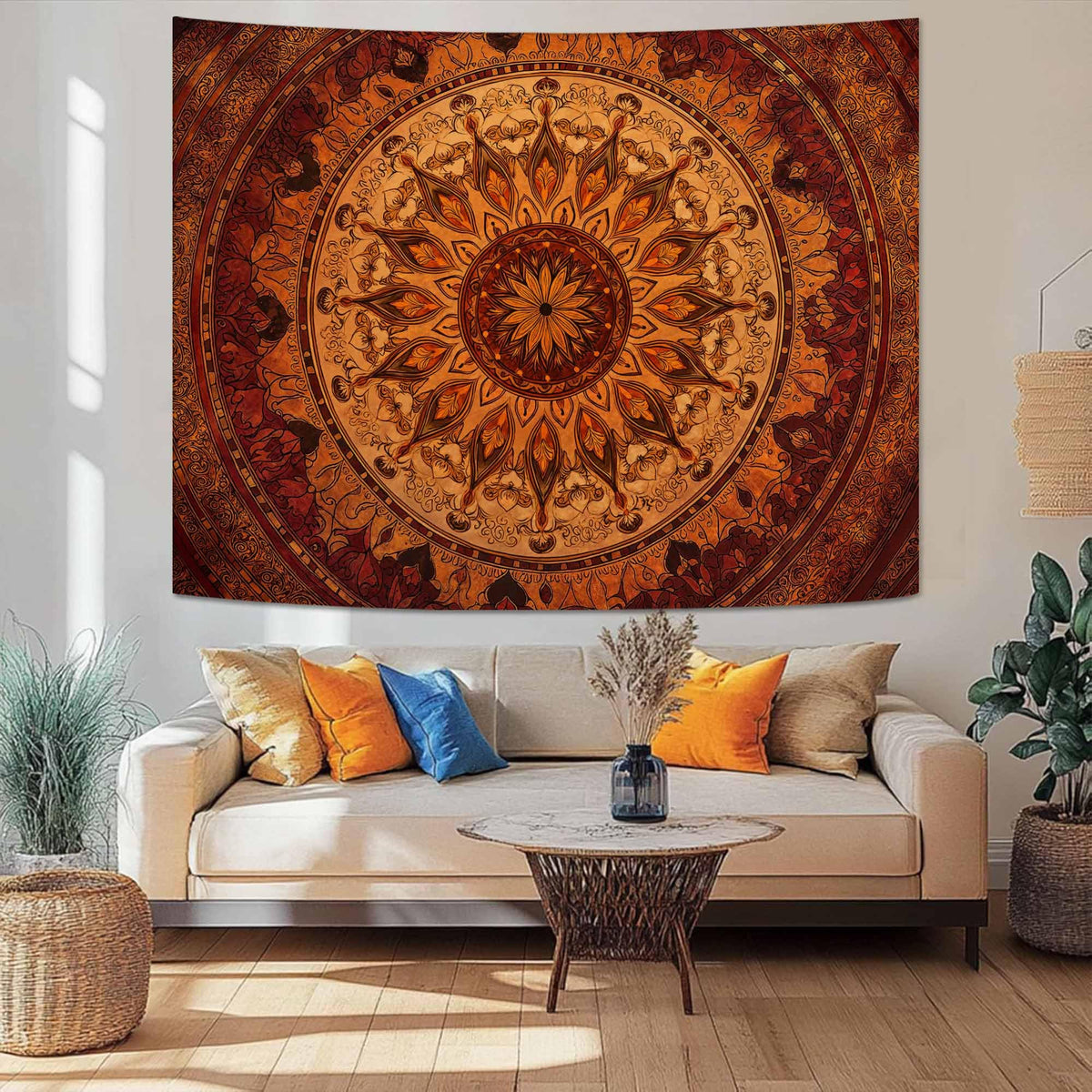 Warm Tone Floral Mandala Tapestry (90"L x 70"W / Black)