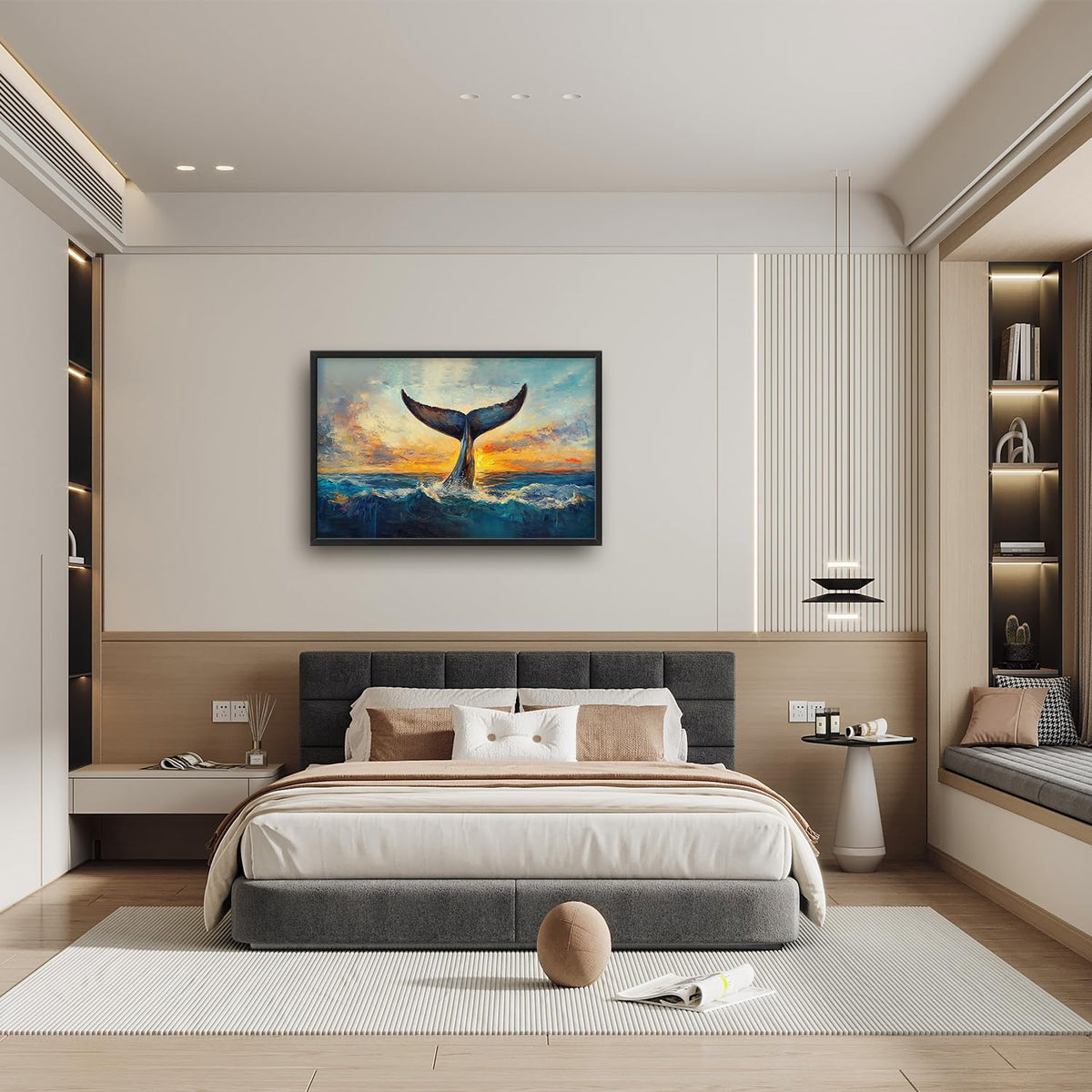 Extra Large Whale Tail Framed Wall Art for Living Room (36"L x 24"W / Whale Tail)