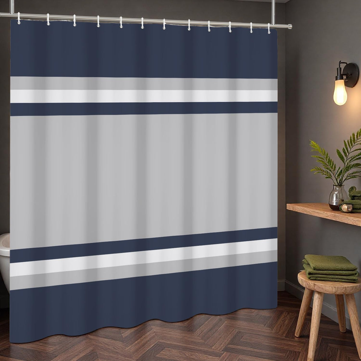 Navy Striped Shower Curtain 71 x 74 Inch (Navy Blue)
