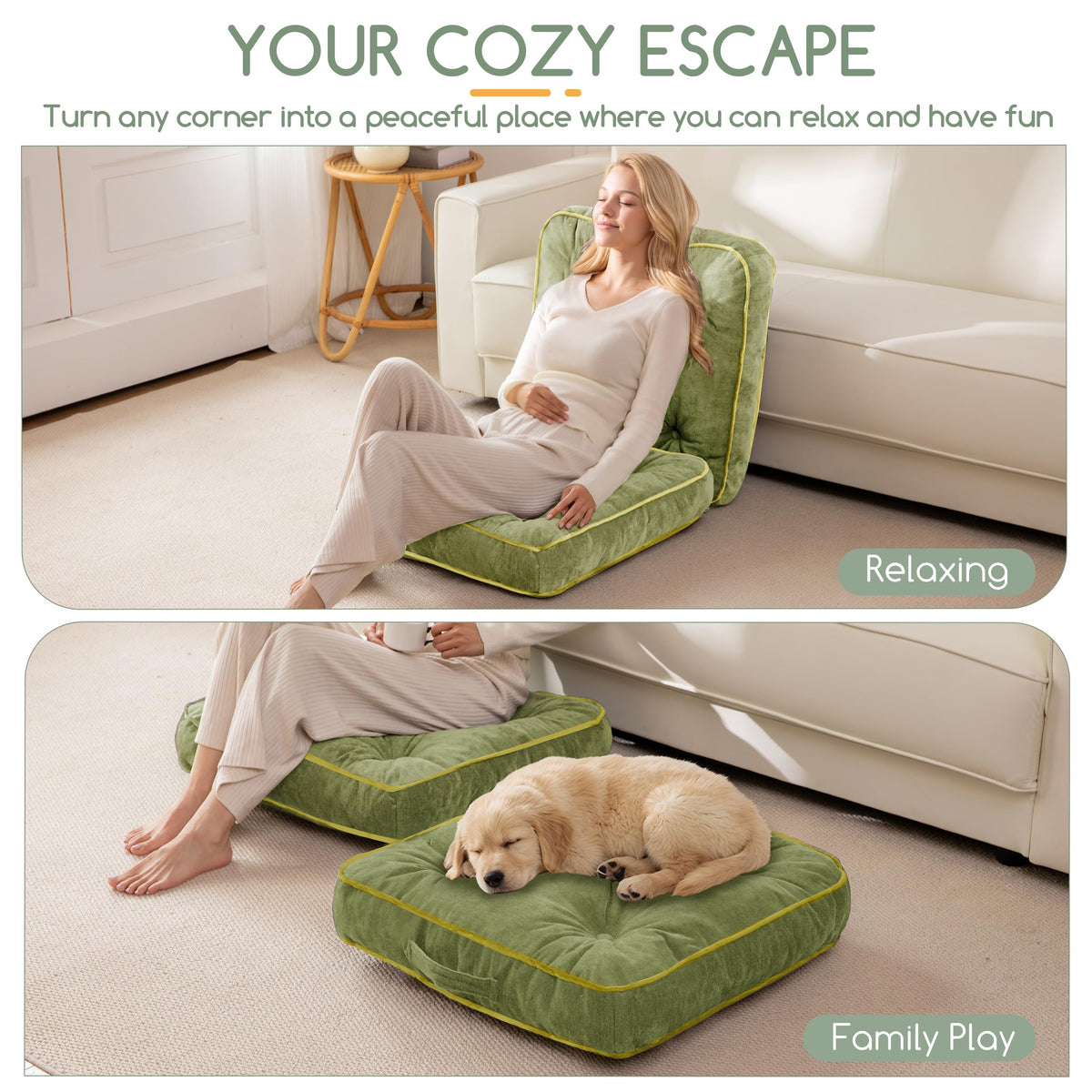 Large Floor Pillow Cushion for Adults (4" Thick(Pack of 1) / Square Green)