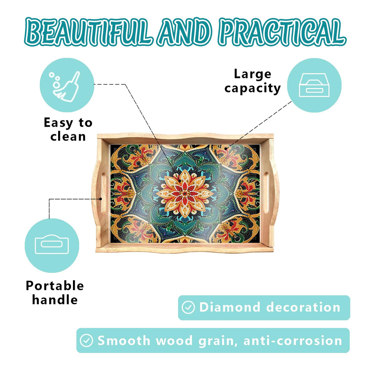 DIY Diamond Painting Serving Tray with Handle for Adults 5D Diamond Art Kits for Beginners Full Drill Diamond Dots Gem Arts and Crafts Special Shape Living Room 12 x 16 Inches Mandala (Mandala Big E)