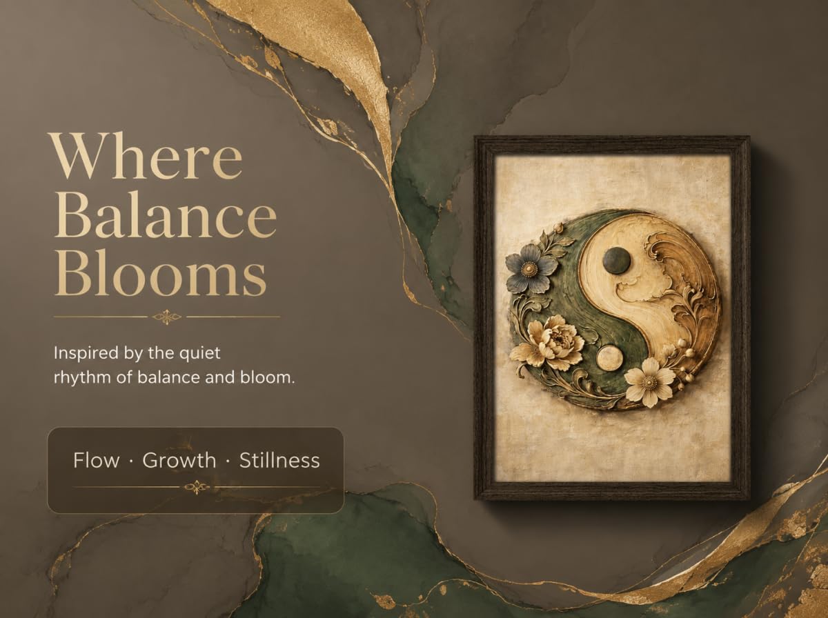 Vintage Oriental Zen Framed Wall Art Textured Relief Yin Yang Symbol with Peony Floral Print Wabi‑Sabi Japandi Moss Green Gold Neutral Earth Tone Meditation Yoga Room Living Room Wall Decor (Yin‑Yang Floral / 24"L x 16"W)