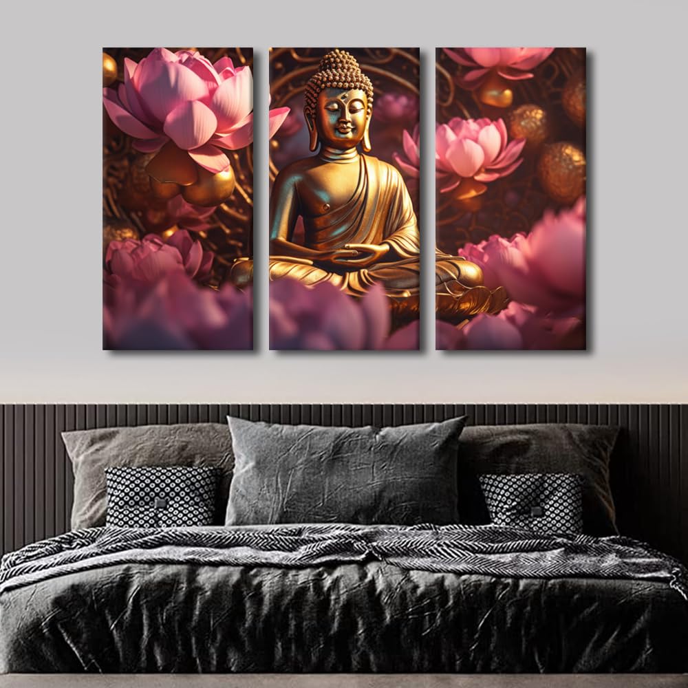 Buddha Statue Surrounded By Flowers Wall Art Decor for Entryway (60x40 in / 3PANEL-19)
