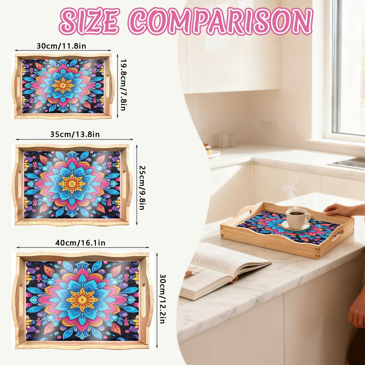 Mandala Diamond Painting Wooden Serving Tray with Handle for Adults (Mandala Small B)