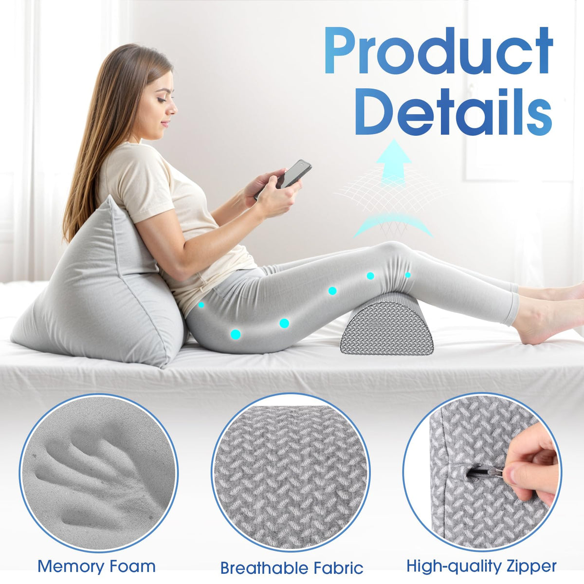 Knee Pillow for Back Sleeping Memory Foam Half Moon Bolster Pillow for Legs (Grey / Large)