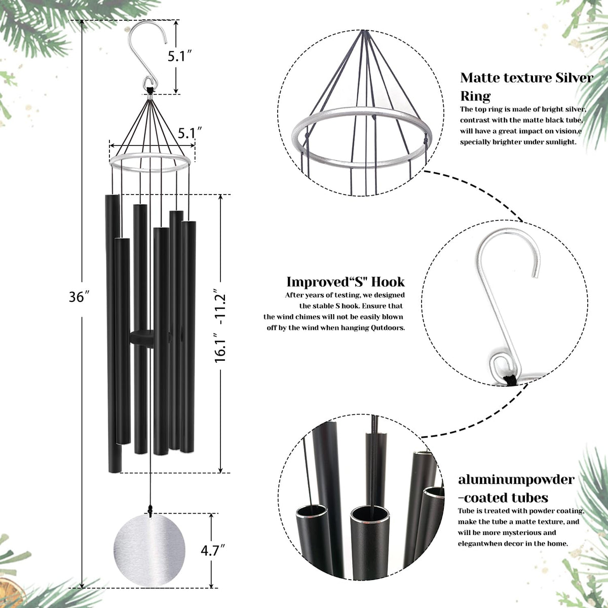 36in Memorial Wind Chimes (36”-Black-Christmas Gift Box)