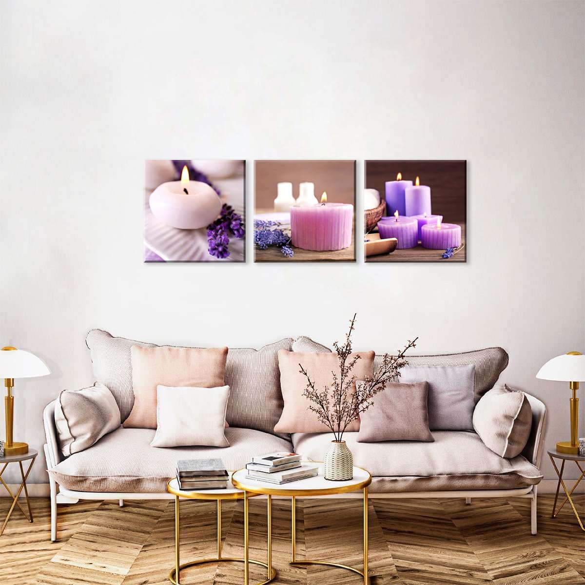 Zen Canvas Wall Art Spa Still Life with Lavender Aromatherapy Candles and Zen Stone Aroma Lavender Flower Painting Pictures Print on Canvas Ready to Hang for Bathroom Decoration (12X12inchX3pcs / lavender candles)