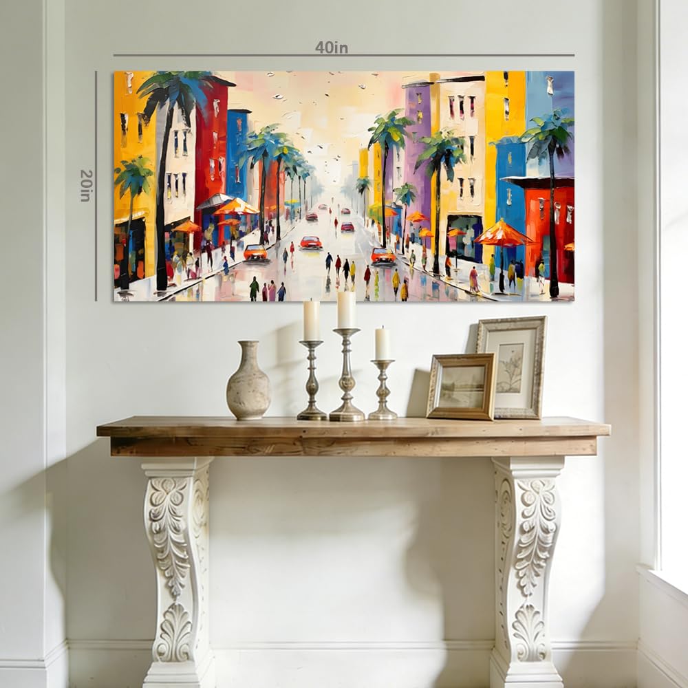 Colorful City Street Canvas Wall Art Vibrant Tropical Palm Tree Painting Print Gallery Wrapped Faux Impasto Coastal Town Artwork for Living Room Bedroom Bathroom Decor (Abstract / White Street 5 / 40"L x 20"W)