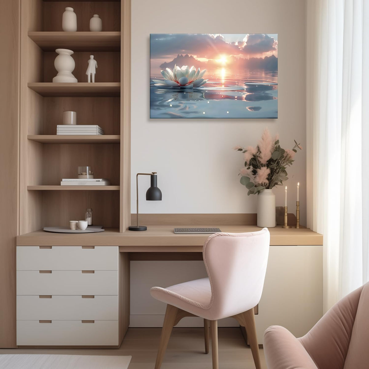 Zen White Lotus Wall Art Sunrise Meditation Canvas Wall Decor Spa Yoga Still Life Painting Prints Relaxing Spiritual Just Breathe Aesthetic Posters Pictures Modern Spiritual Inspiration Framed (12"L x 16"W / Canvas)