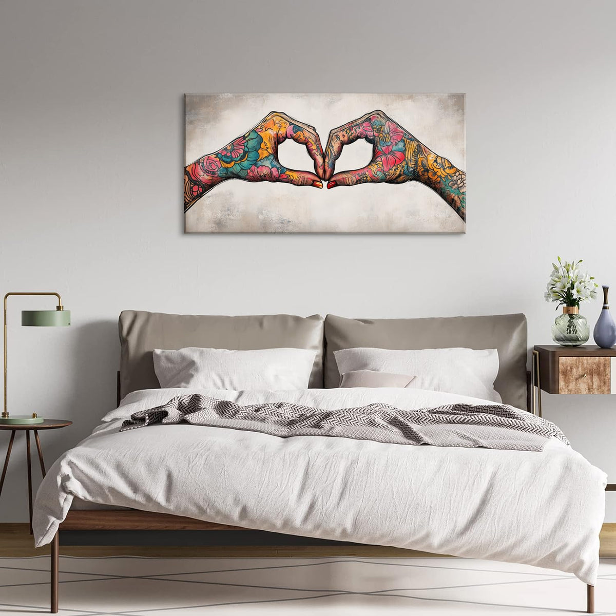 Colorful Two Tattooed Hands Heart Shape Wall Art for Living Room Office Romantic Gesture Contemporary Painting Prints Modern Canvas Artwork Dining Bedroom Decor (Contemporary / Colorful TwoTattooed Hands Wall Art / 40"L x 20"W)