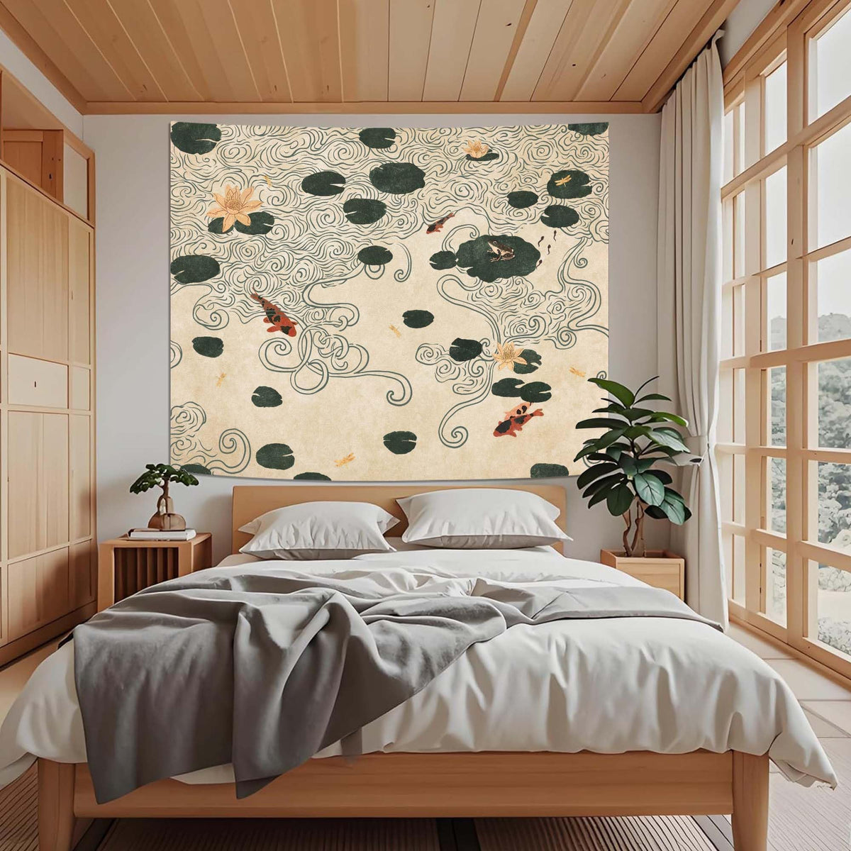 Japanese Tapestry (Art Deco / Beige / 90"L x 68"W)