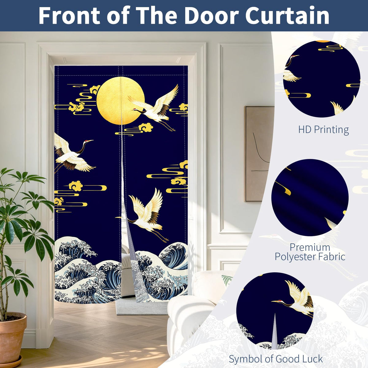 Japanese Noren Doorway Curtain (Navy Crane Moon Wave)