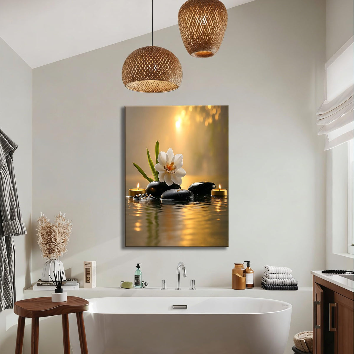 Framed Spa Orchid Zen Stone Canvas Wall Art (Pictures34 / 30"L x 20"W)