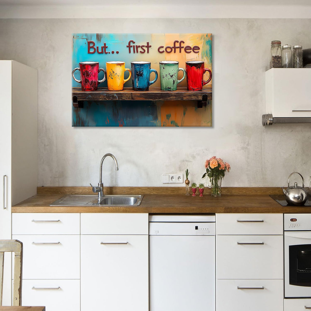 Colorful Wall Art But First Coffee Sign Mug Picture Kitchen Wall Decor for Ding Room Decoration Abstract Family Bar Painting Prints 32x48” Coffee Station Decor Watercolor Cafe Cup Poster Artwork (48"L x 32"W / BFCOFEE)