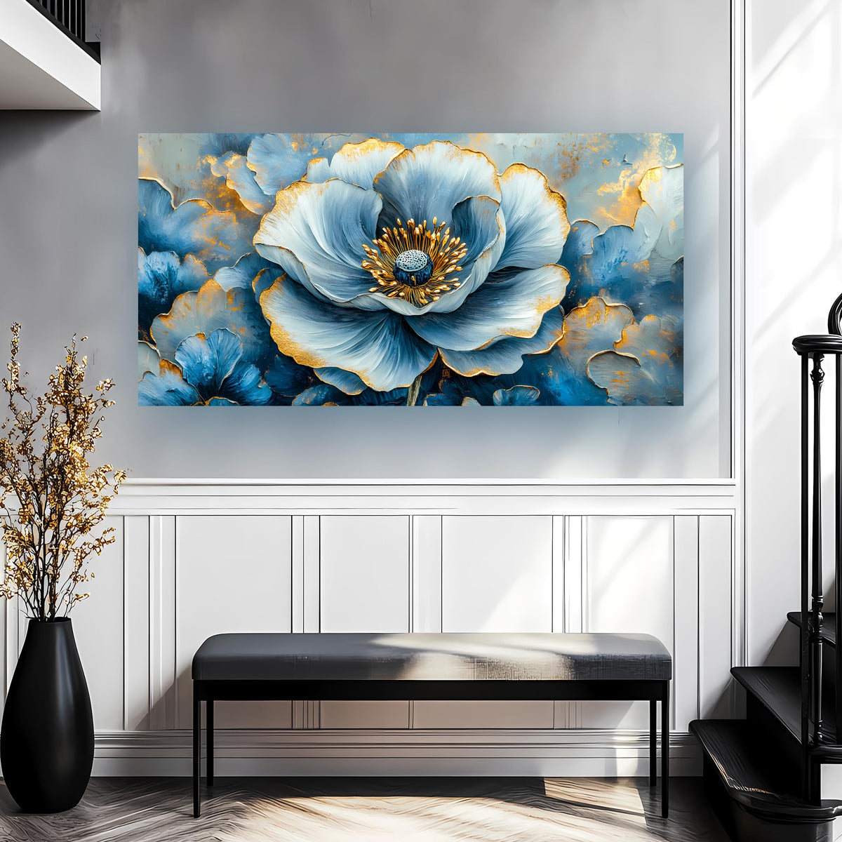 Blue Flower Landscape Pictures Canvas Wall Art for Living Room Bedroom Wall Decor Modern Painting Nature Themed Home Decor Artwork Wooden Inner Frame 20x40 Inches (40"L x 20"W / Blue and yellow flower)