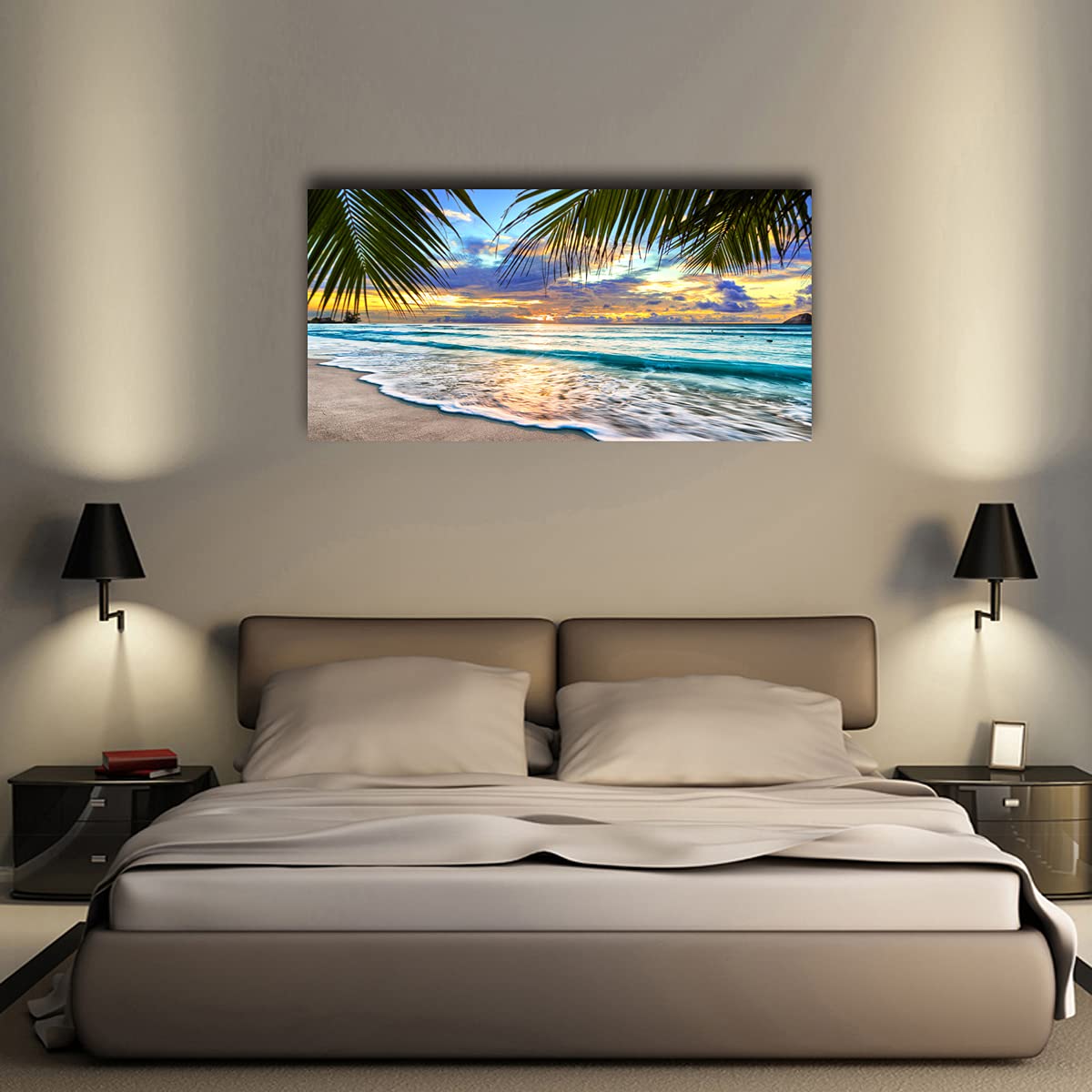 Beach Canvas Wall Art Seascape Theme Pictures Home Decor Blue Ocean White Wave Palm Tree Prints Paintings for Living Room Bathroom Bedroom Kitchen Office Decoration Natural Scenery Artwork 24x48inches (48"L x 24"W / Blue Ocean White Wave Green Palm Tree)