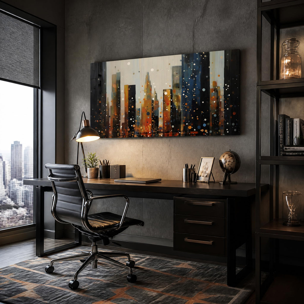 Abstract City Skyline Canvas Wall Art Modern Urban Night Landscape Painting Flat Print Gallery Wrapped Artwork for Living Room Bedroom Bathroom Decor (Abstract / Black Cityscape 34 / 40"L x 20"W)