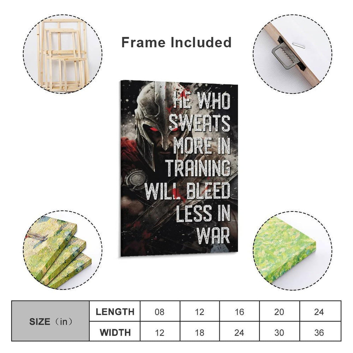 He Who Sweats More In Training Spartan Warrior Canvas Printing Wall Art Prints Wall Decor Posters Gym Motivation Banner Fitness Quote Dark Industrial Office Bedroom Decor 20x30inch (style-38 / 20x30inch(50x75cm) Frame)