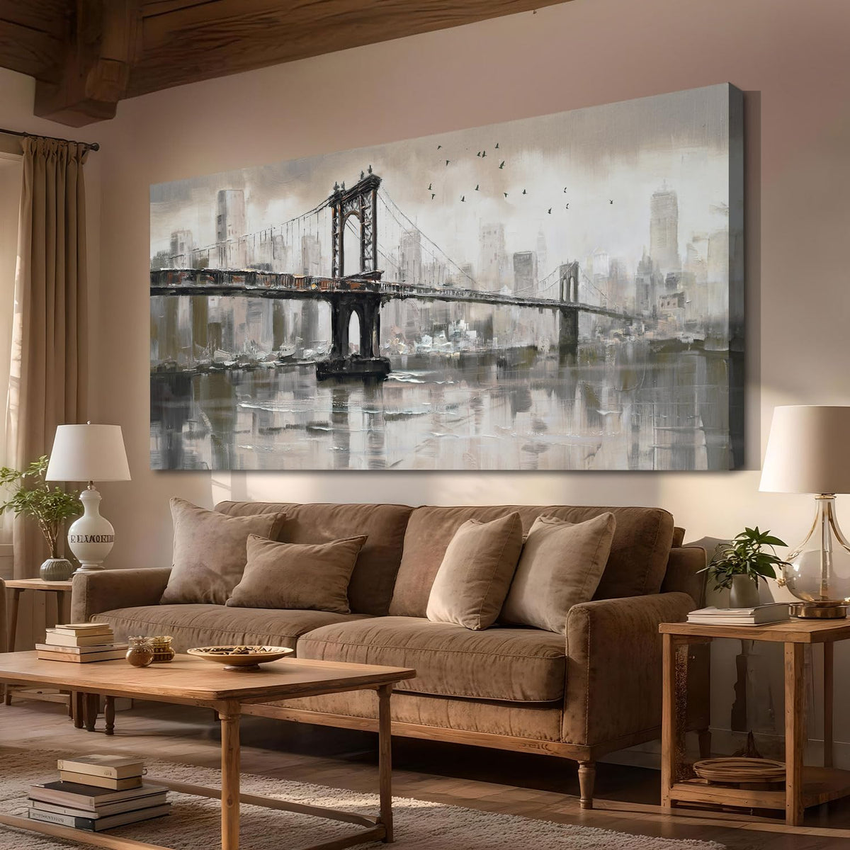 Vintage Brooklyn Bridge Canvas Wall Art Decor (Brown CityScapes / 40"L x 20"W)