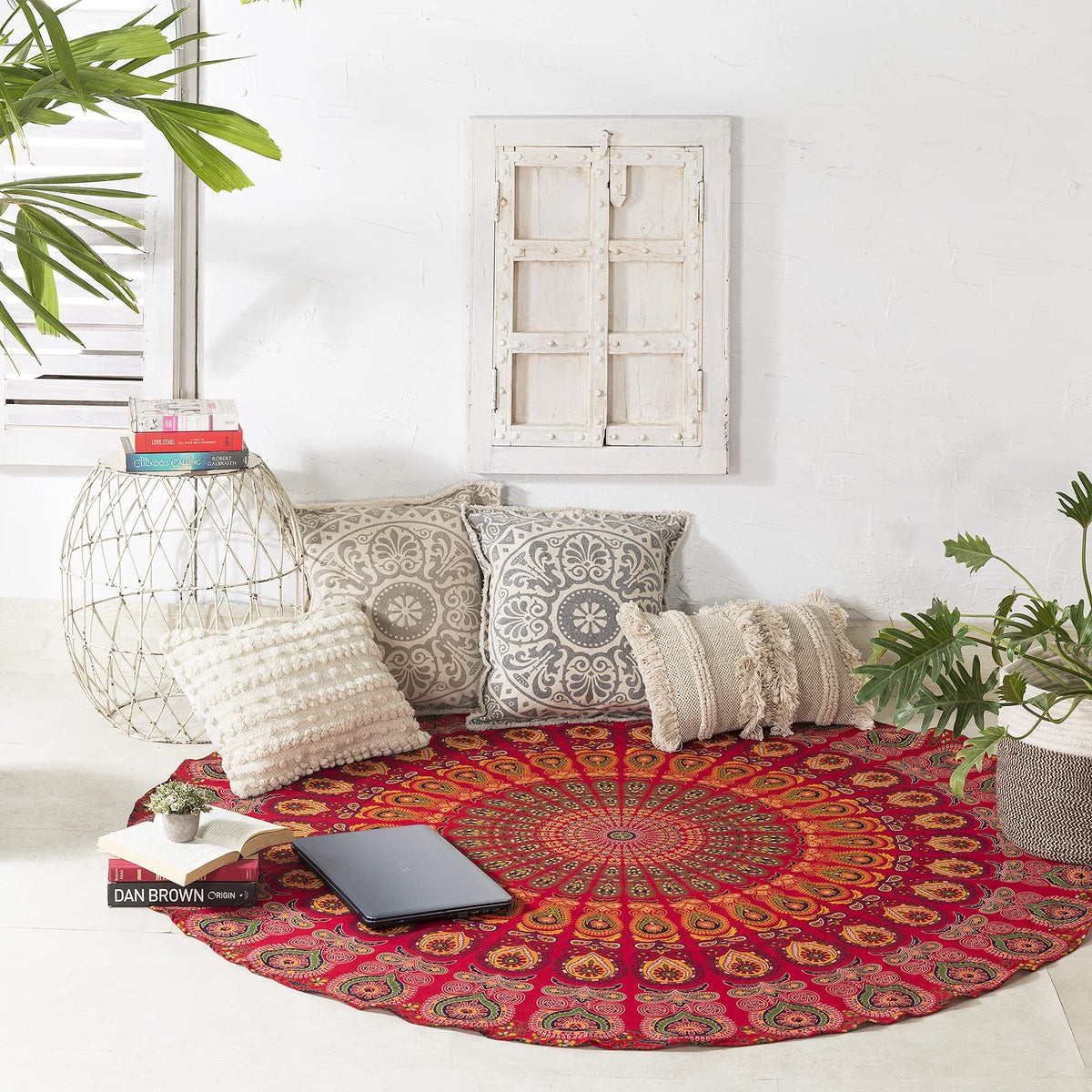 Round Tapestry Wall Hanging Hippie Mandala Roundie Bohemian Hippy Intricate Indian Tapestries Tablecloth 70 Inches (Red_Yellow / 70"L x 70"W)