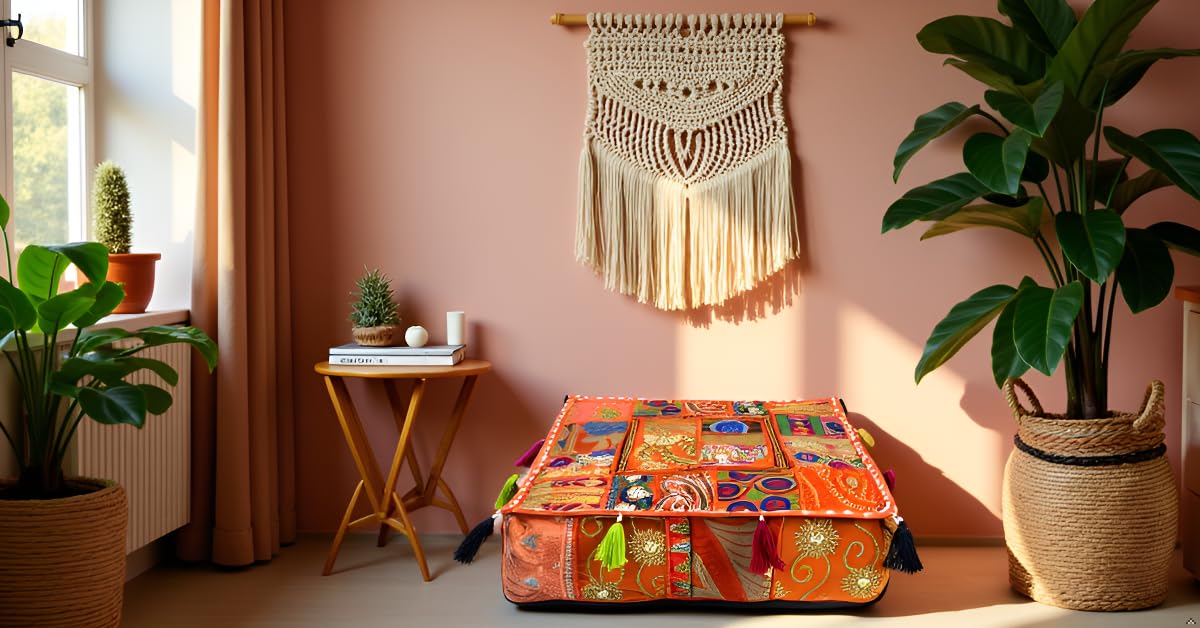Indian Square Patchwork Traditional Pouf Cover Indian Living Room Poufs Decorative Embroidered Designer Ottoman Home Living Footstool Chair Cover Decor Pillow Cover 16x16x5 inches (16"D x 16"W x 5"H / Orange)