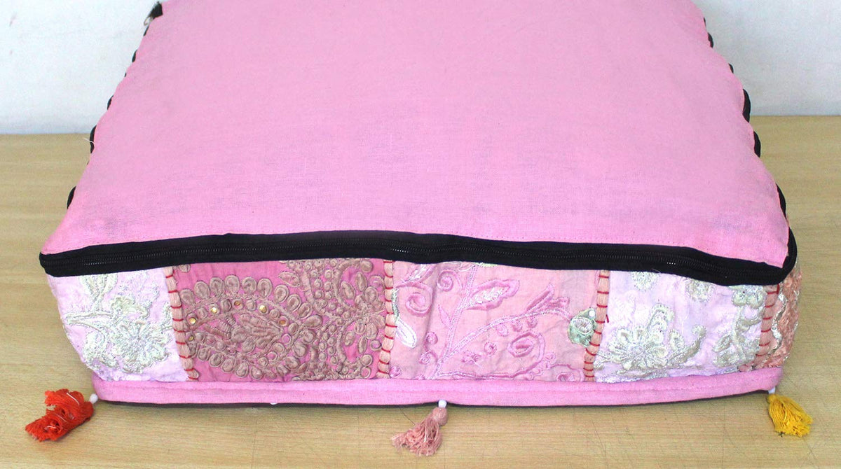Indian Square Patchwork Traditional Pouf Cover Indian Living Room Poufs Decorative Embroidered Designer Ottoman Home Living Footstool Chair Cover Decor Pillow Cover 22x22x5 inches Baby Pink (22"D x 22"W x 5"H / Baby Pink)