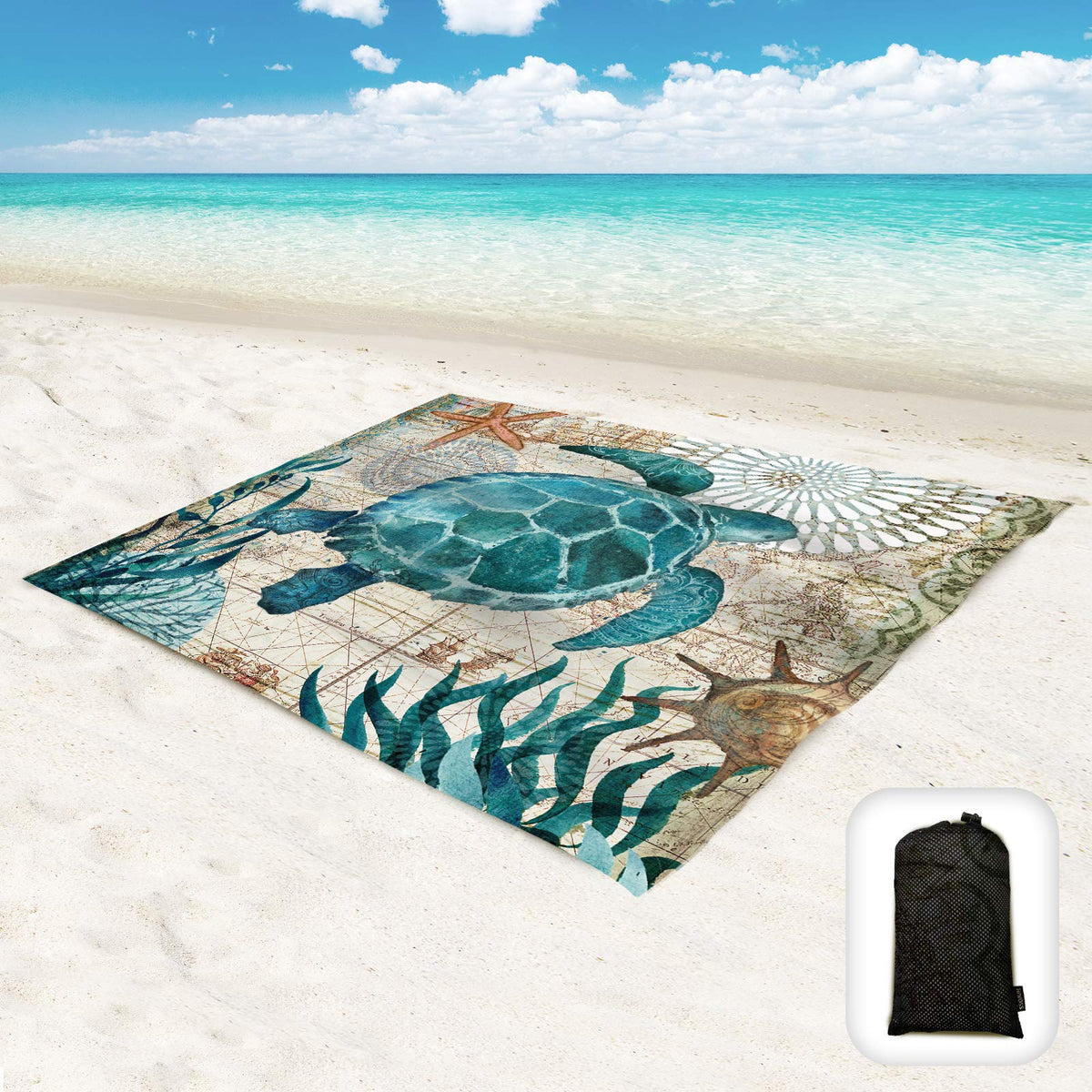Beach Blanket Waterproof Sandproof Large with Sand Pockets Carry Bag (Seaturtle)